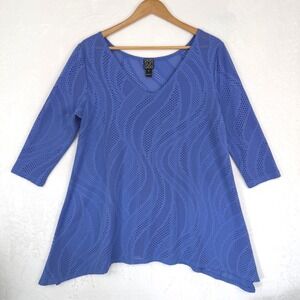 Clara Sunwoo Womens Blue Laser Cut Perforated V-Neck 3/4 Sleeve Tunic Top M